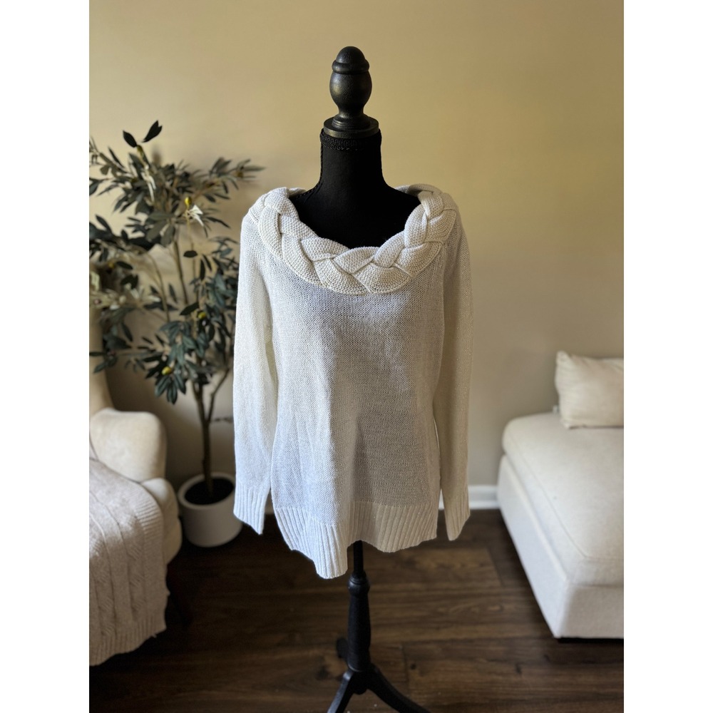 John Paul Richard Ivory Metallic Shimmer Braided Cowl Neck Sweater XL Pullover